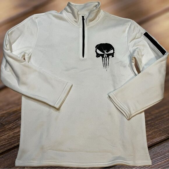 Skull design men’s zip neck white pullover zip up neck open hem size Large - Picture 1 of 10